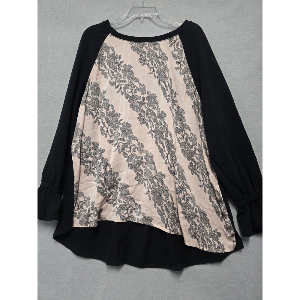 Womens Black Blush Floral Tunic Sz 22/24 Ruffle Cuff Pleated Back Top